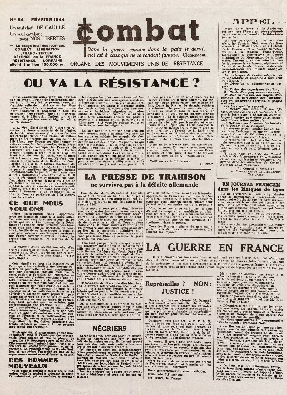 Journal COMBAT - numéro 54 - février 1944 - organe des mouvements unis de résistance. (journal clandestin) - Où ira la résistance - French School