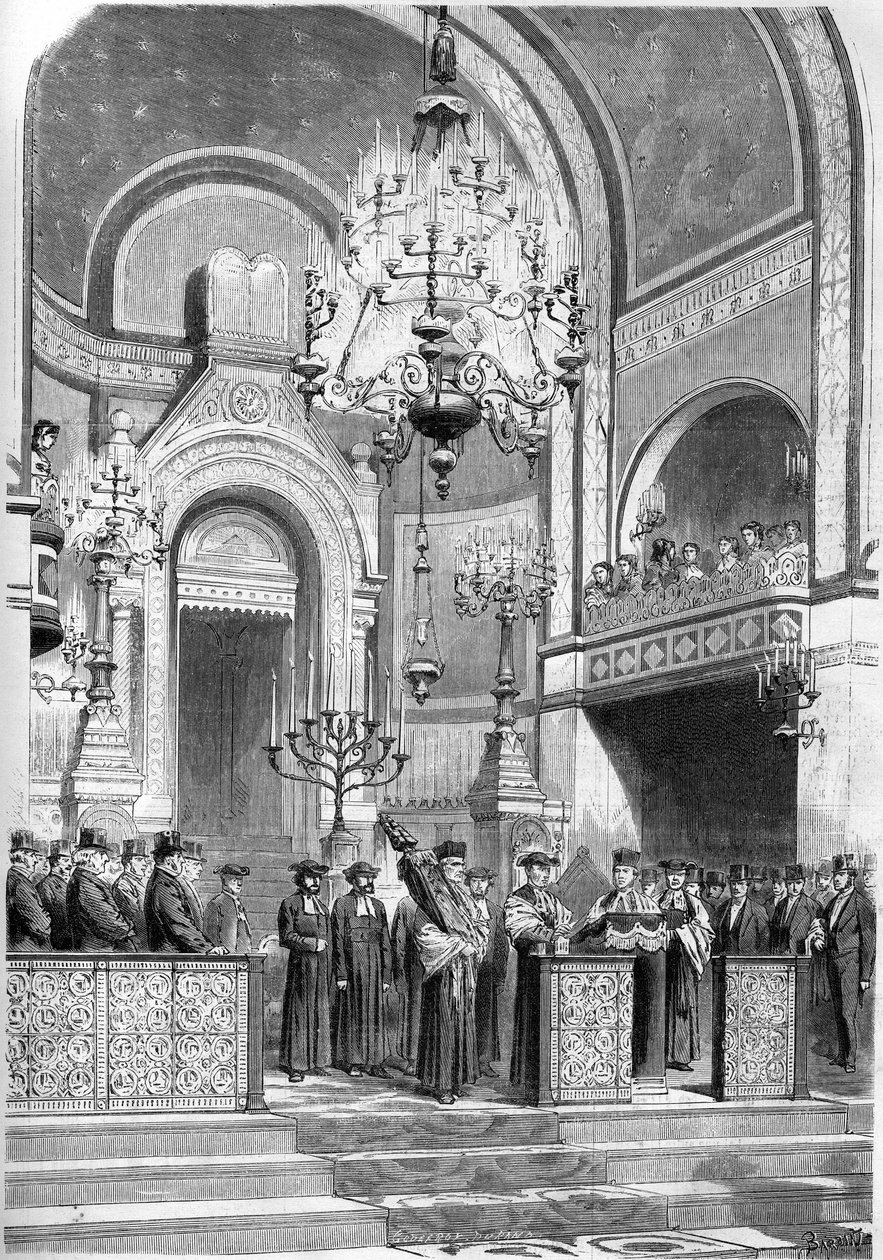 Judaïsme : réception solennelle du grand Rabbin de Paris, Zadoc Kahn, dans la synagogue de la rue Notre Dame de Nazareth, le 13 janvier 1869. Le grand Rabbin entonne la "Prière pour l