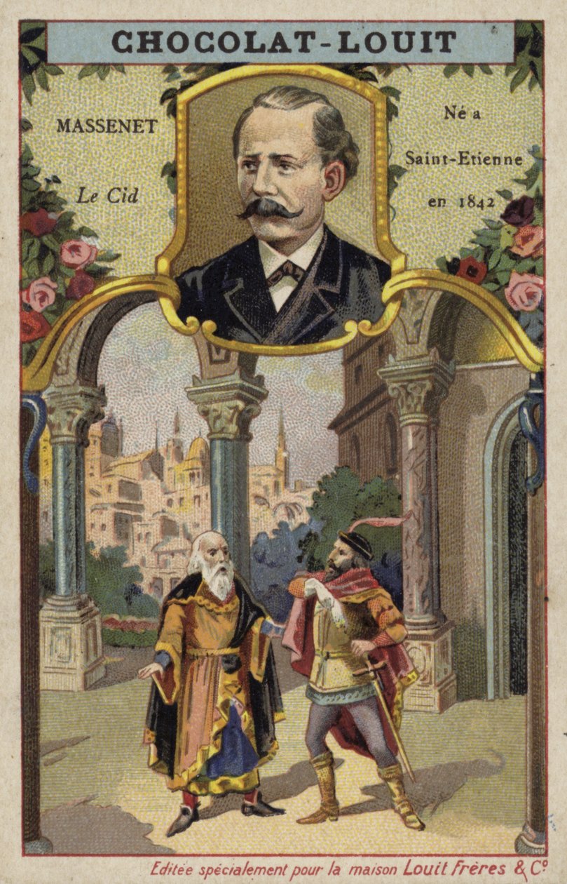 Jules Massenet, compositeur français, et une scène de son opéra Le Cid (chromolitho) - French School