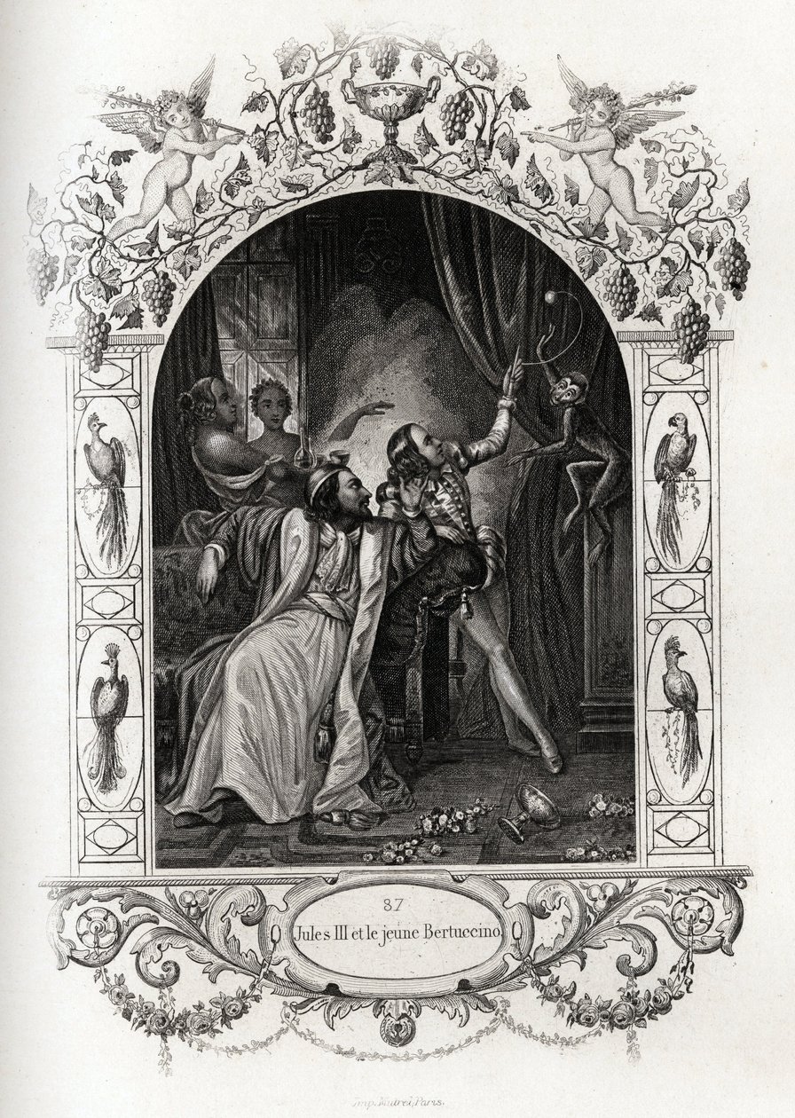 Jules III (pape de 1550 à 1555) et le jeune Bertuccino, le montreur de singes. Gravure pour illustrer Histoire des papes par Maurice Lachatre (1814-1900), librairie du progrès, Paris. - French School