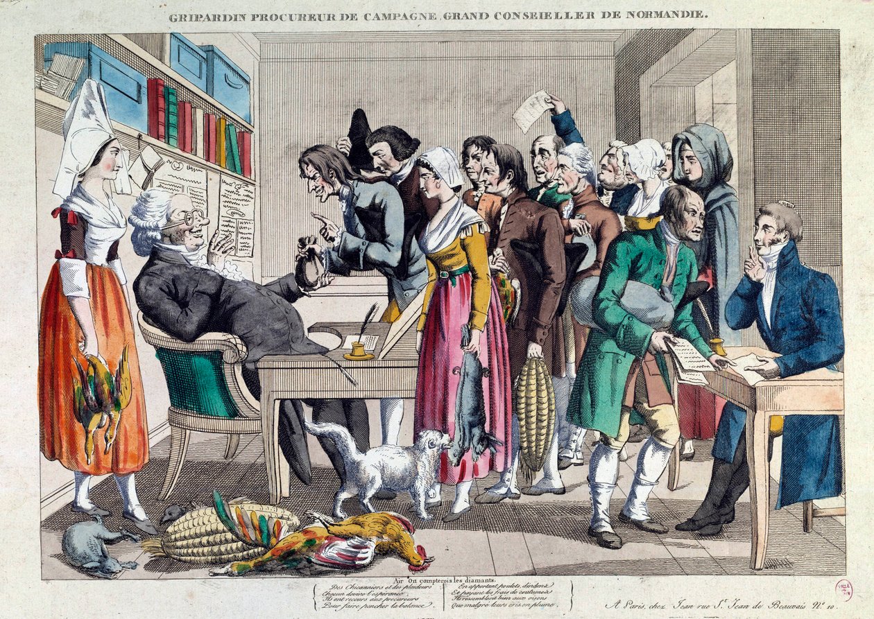 Justice : « Gripardin, avocat de campagne, grand conseiller de Normandie ». Lithographie du XVIIIe siècle. Paris, Musée Carnavalet - French School