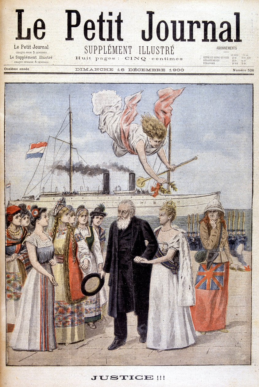 Justice ! : Le Président Kruger venant plaider la cause de son peuple en Hollande, auprès de la Reine Wilhelmine - dans « Le Petit Journal » du 16/12/1900 - French School