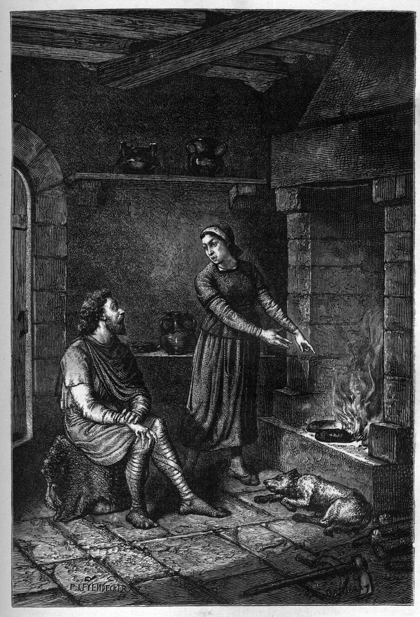 Le roi Alfred le Grand (849-899) oublie les gâteaux préparés par la maison danoise sous son toit à Athelney, et les brûle, 878 (gravure) - French School