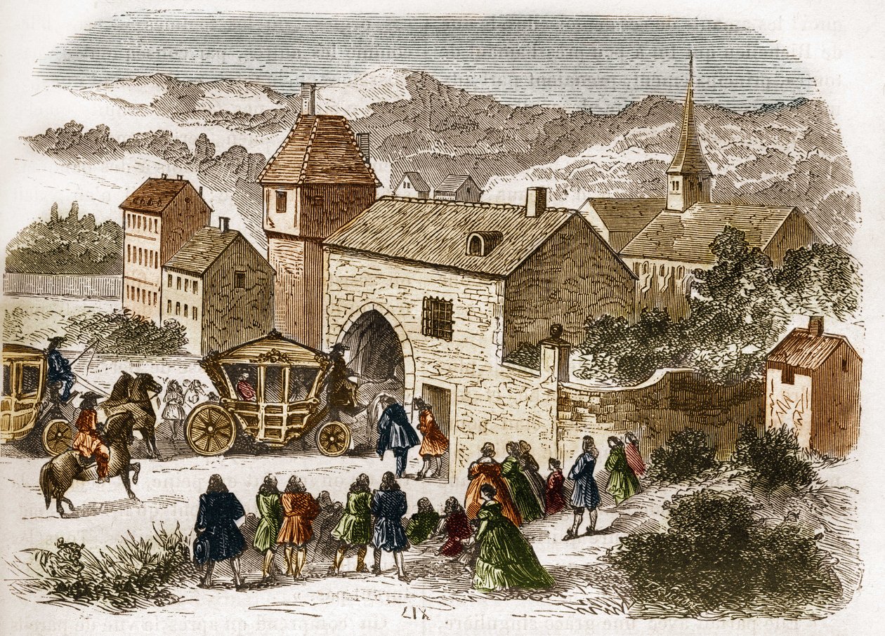 Le roi Louis XIV (1638-1715) rendant visite à Melle de Fontanges (1661-1681) à Port Royal vers 1680. Gravure dans « L