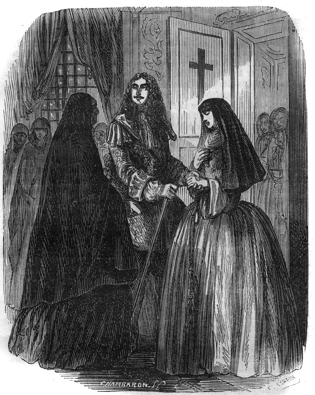 Roi de France Louis XIV (1638-1715) avec Louise Françoise de La Vallière (1644-1710). Gravure du 19ème siècle - French School