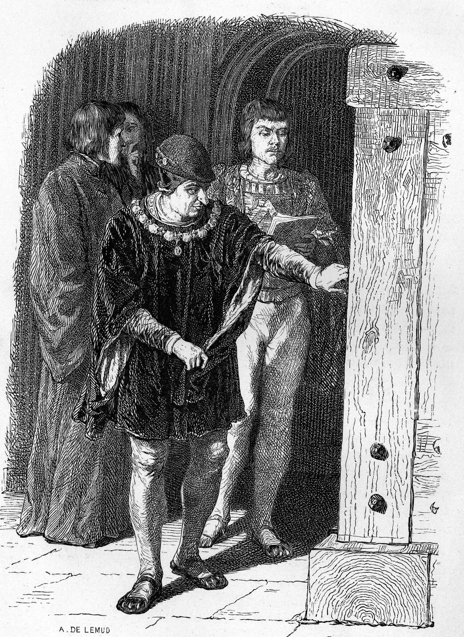 Le roi de France Louis XI visitant les cages de la Bastille. Gravure dans "Notre Dame de Paris" de Victor Hugo - French School