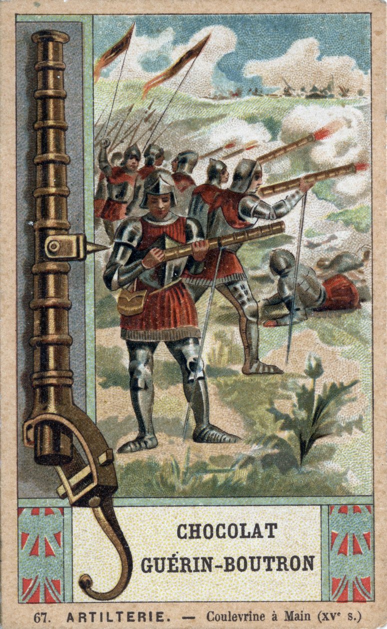 Chevalier manœuvrant une couleuvrine à main du 15ème siècle. Chromolithographie du 19ème siècle des chocolats Guérin-Boutron - French School