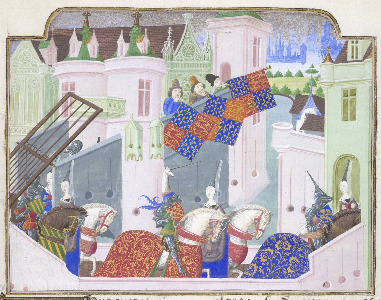 Chevaliers et dames se rendant à un tournoi à Londres, de la Chronique de Froissart, fin du 15ème siècle - French School