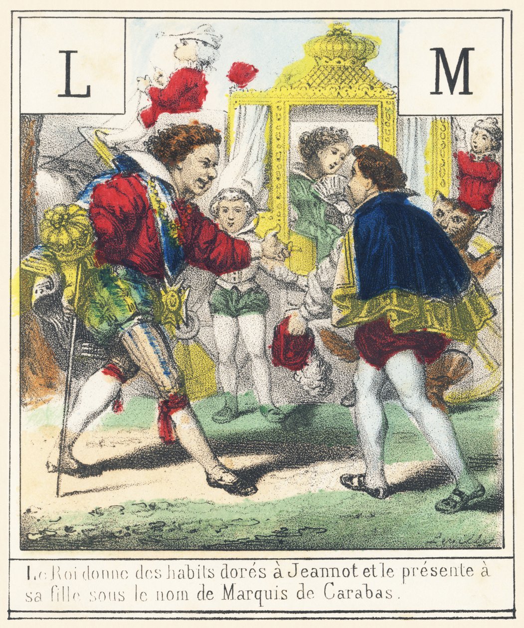 Le roi donne à Jeannot des habits dorés et le présente à sa fille sous le nom de Marquis de Carabas - French School