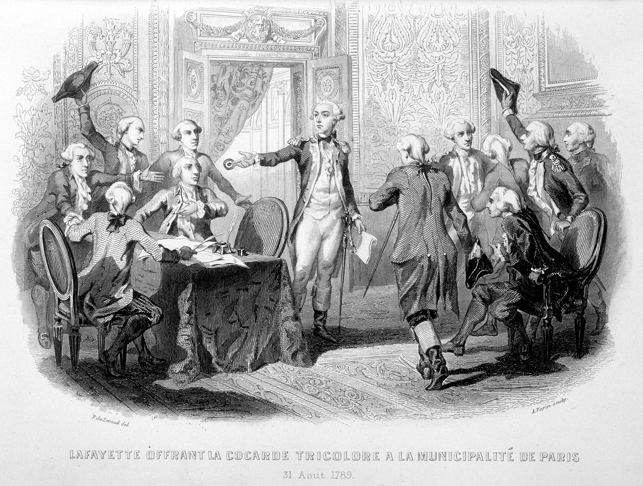 La Fayette offrant la Cocarde Tricolore à la Municipalité de Paris (31 août 1789) - dans "Fastes des Gardes nationales de France" - French School