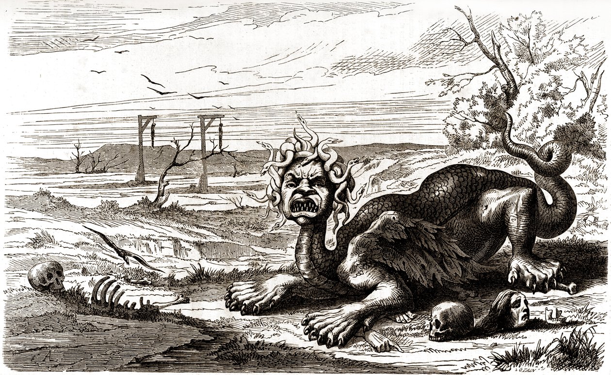 La Fronde (1648-1653) : animal monstrueux aux poils de serpent qui se tient au-dessus des cadavres et des squelettes humains. - French School