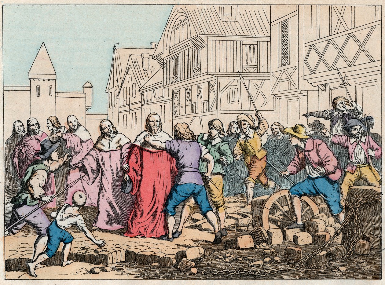 La Fronde (27 août 1648) - barricades à Paris : un garçon roturier menaçant le Président du Parlement, Mathieu Molé (1584-1656) - Président Molé malmené par les insurgés - Gravure de la fin du XIXe siècle dans « Nos Gloires Nationales - Images et récits » - French School