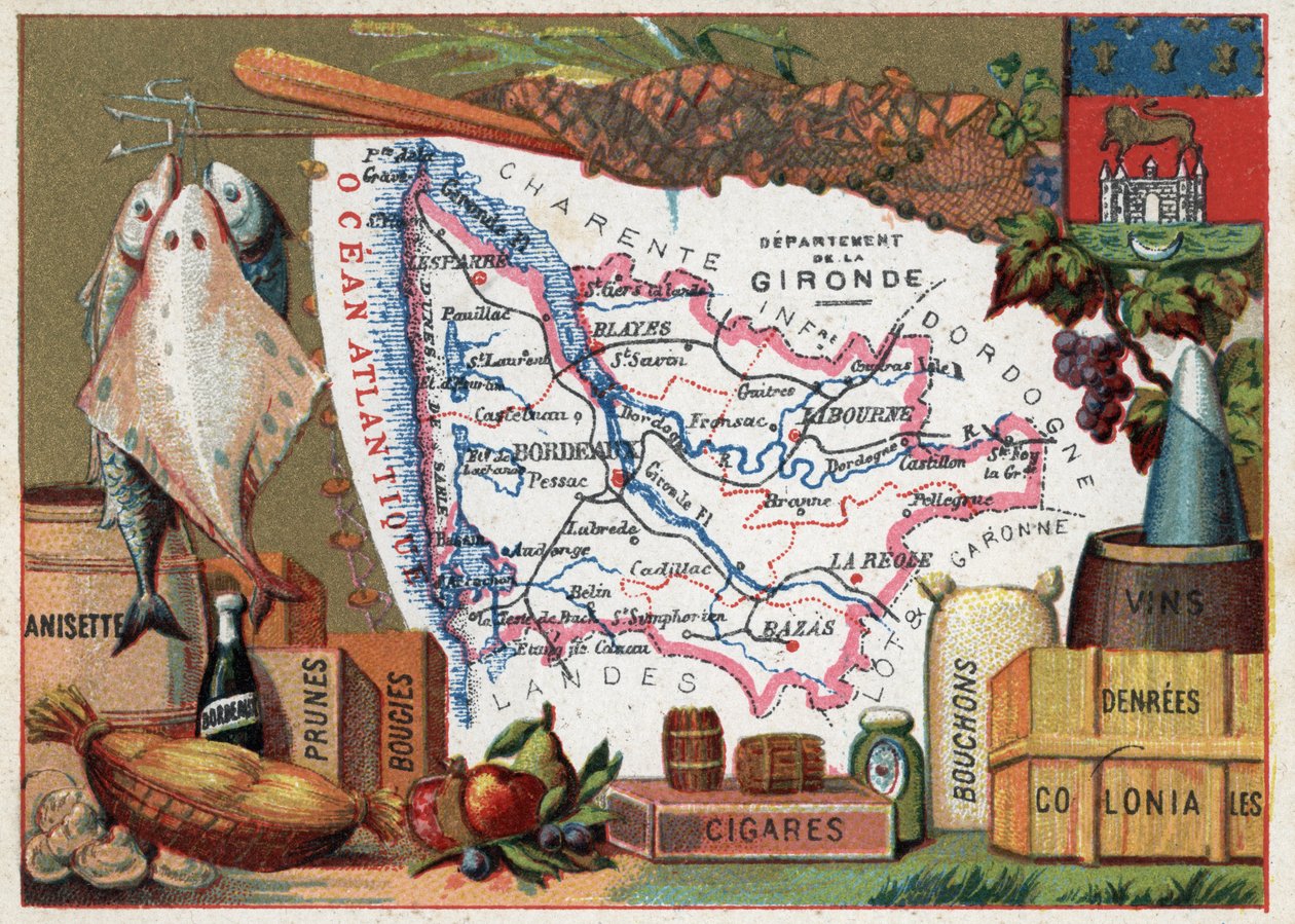La Gironde (33), Aquitaine, France. Spécialité locale : poisson, anisette, vin de Bordeaux, prunes, bougies, cigares, bouchons et nourriture coloniale. Série sur les départements français. Chromolithographie « le fil géographique », vers 1920. Collection p - French School