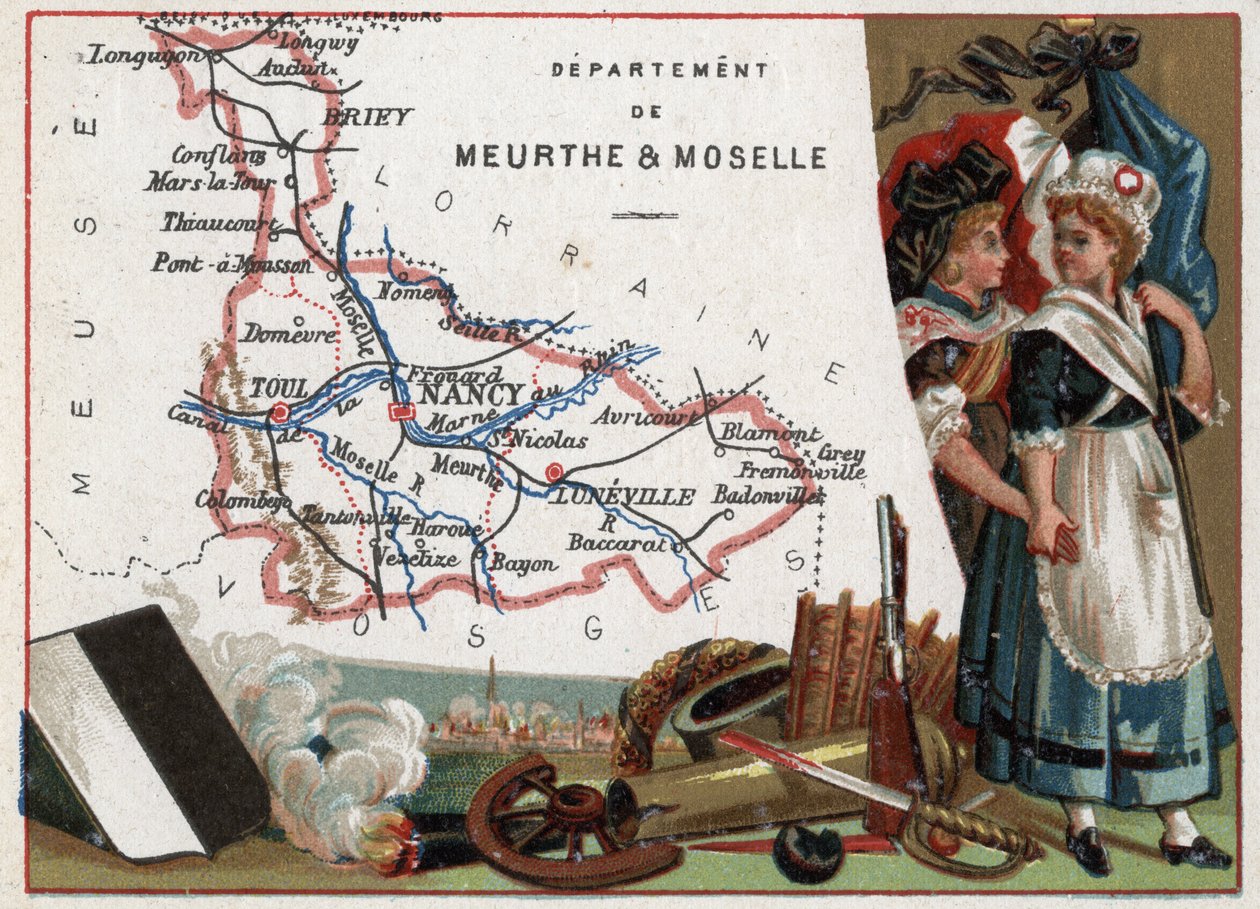 La Meurthe-et-Moselle (54), Lorraine, France. Portrait de deux femmes révolutionnaires. Série sur les départements français. Chromolithographie « le fil géographique », vers 1920. Collection privée. - French School