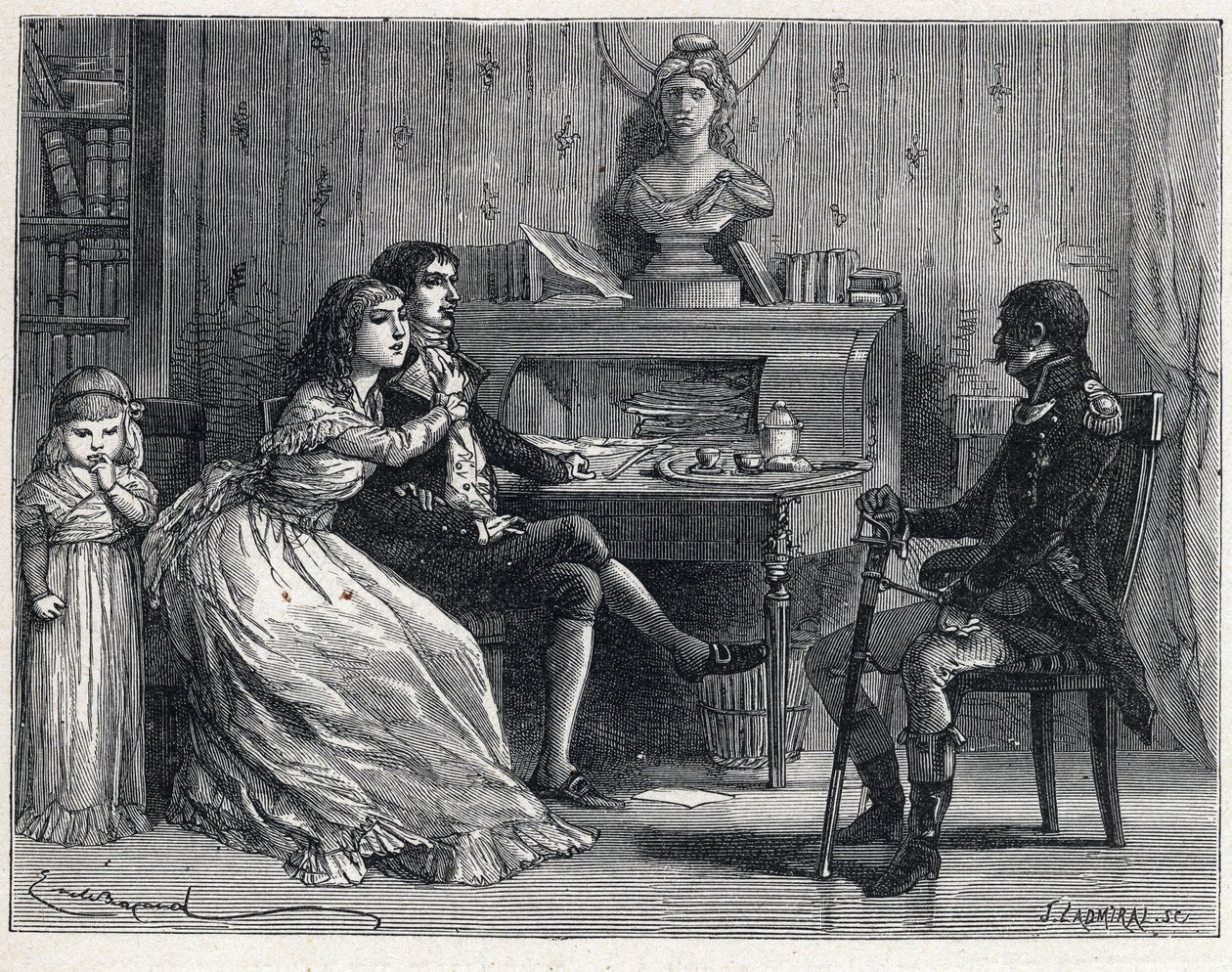 La Terreur pendant la Révolution française : Camille Desmoulins (1760-1794), emprisonné, reçoit la visite de sa femme Lucile (1770-1794) et du maréchal Guillaume Brune (1763-1815) - French School
