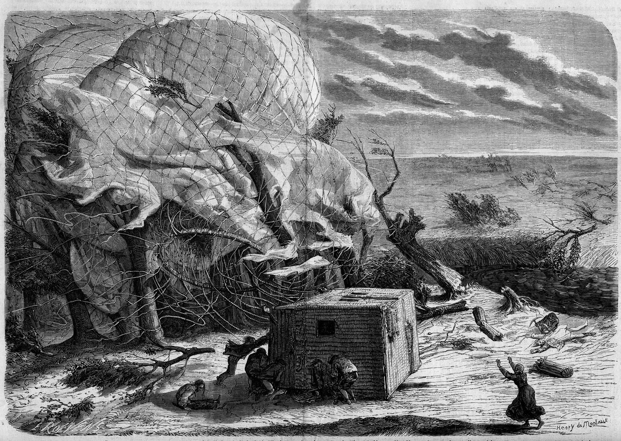 La chute du ballon "Le Géant" dans les plaines de Hanovre en 1863 avec à bord : Jules et Louis Godard, Félix Nadar, sa femme, Fernand Montgolfier et Thirion. Les aéronautes tentent de secourir Mme Nadar, prise sous la nacelle. Gravure dans "Le Monde Illust - French School