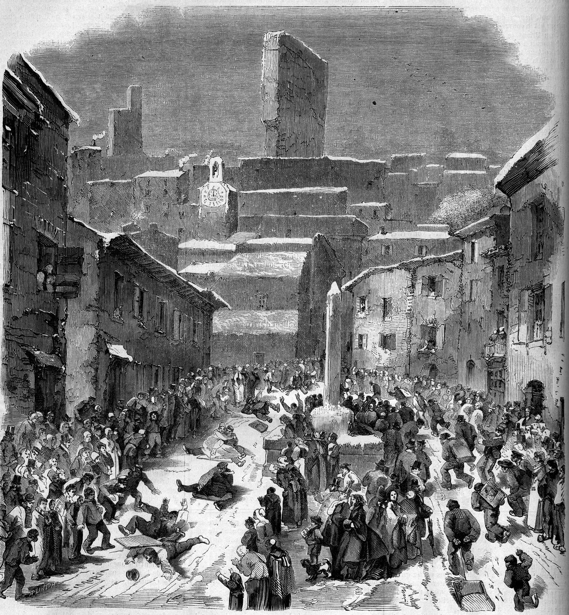 La glissade en barriots (luge) à Bourdeaux, Drôme (26), hiver 1860. Gravure dans « Le Monde Illustré » n°149 du 18 février 1860 - French School