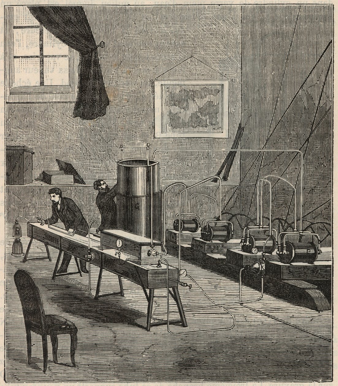 La liquéfaction des gaz dans le laboratoire de Raoul Pictet (1878) - Raoul Pierre Pictet (1846-1929) physicien suisse, mène une expérience pour liquéfier et solidifier le gaz hydrogène, et étudie les propriétés des substances à basse température - Gravure  - French School