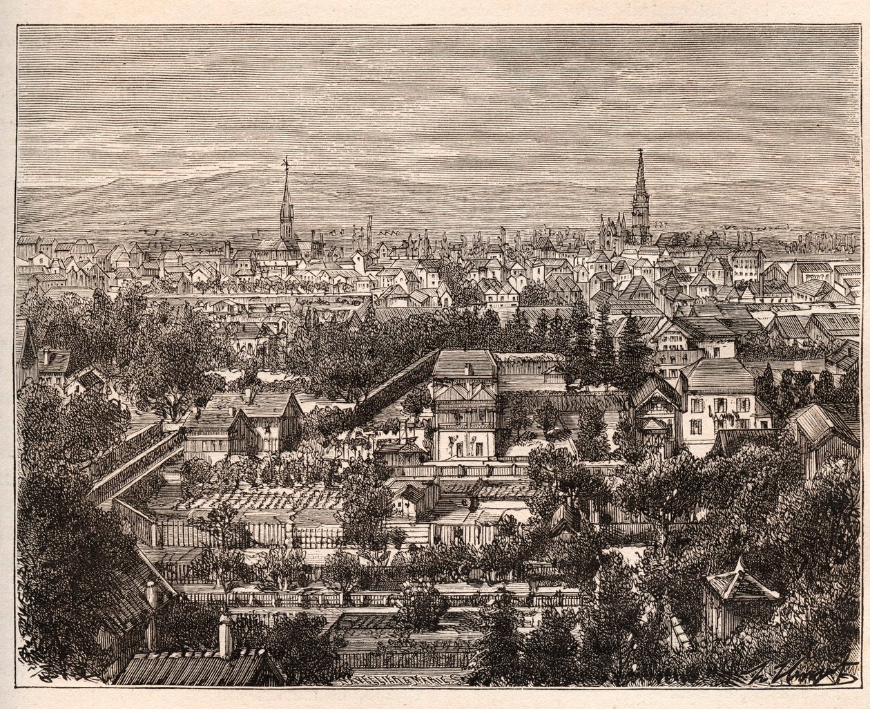 La ville de Mulhouse (Haut-Rhin) - gravure dans «La France illustrée: géographie, histoire, administration statistique» par V.A. Malt-Brown. 1884 - French School