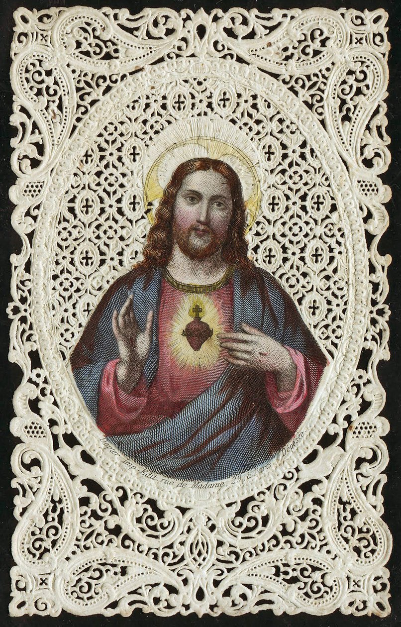 Carte en dentelle représentant le Sacré-Cœur de Jésus, 19ème siècle - French School