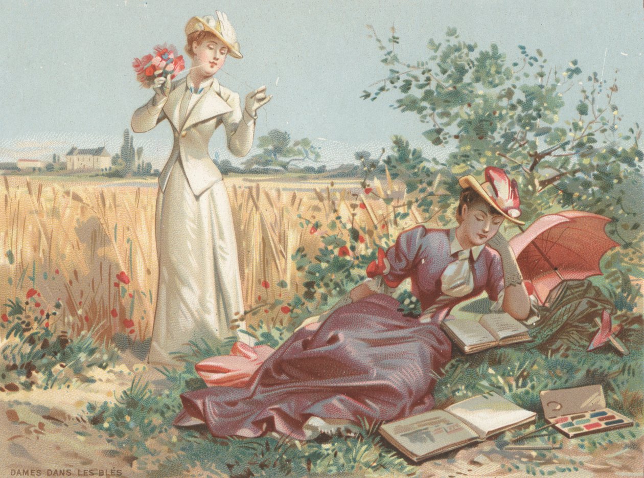 Dames dans un champ de maïs (chromolitho) - French School