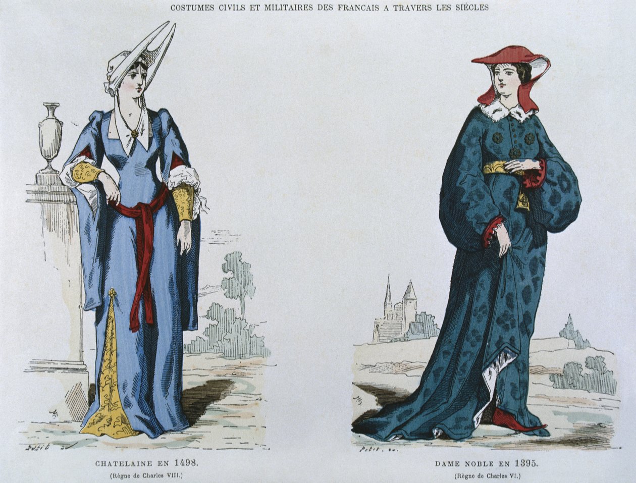 Dame en 1498 sous le règne de Charles VIII (1470-98), noble dame en 1395 sous le règne de Charles VI (1380-1422), de Costumes civils et militaires des français à travers les siècles (lithographie en couleur) - French School