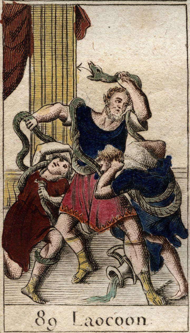 Laocoon Minerve soutenant les Grecs envoie les serpents de mer attaquer Laocoon qui avertit les habitants de Troie contre le cheval. Les serpents se jettent sur ses deux fils puis attaquent Laocoon. - French School