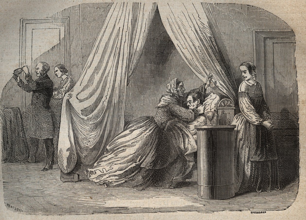Derniers moments de Charles Lafarge (1811-1840), mari de Marie Fortunée Capelle, Marie Lafarge (Madame) (1816-1852) criminelle française - Gravure dans « Causes célèbres de tous les peuples » par Armand Fouquier (1817-18?) 1858-1867 - collection privée - French School