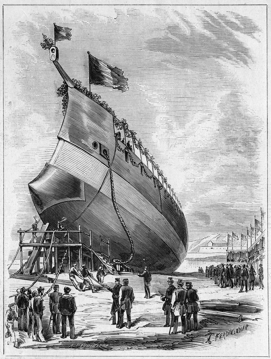 Lancement du navire cuirassé « La Galissonnière », 7 mai 1872 dans le port de Brest, Finistère (29). Gravure dans « Le Monde Illustré » n°789 du 25 mai 1872 - French School