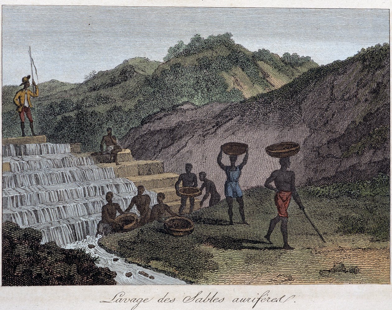 Lavage des sables aurifères - dans « Le Monde en estampes ou Géographie des cinq parties du monde » par le Chevalier de Roujoux - French School