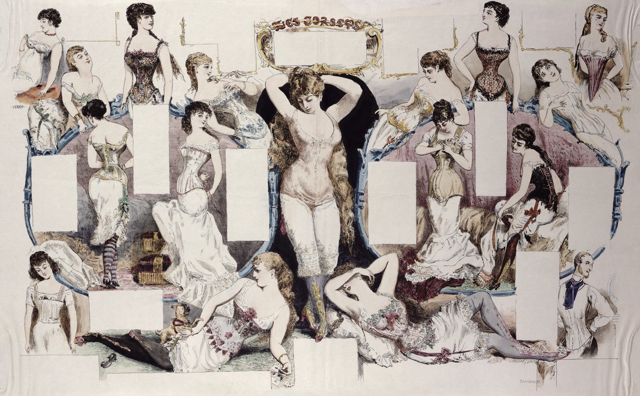 Illustrations de mise en page pour un article sur les sous-vêtements féminins, de La Vie Parisienne, c.1870 - French School