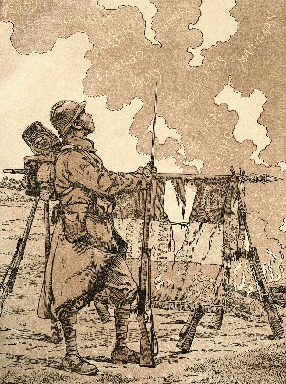 Le Bleuet. Symbole de mémoire et de solidarité en France, pour les anciens combattants et les victimes de la première guerre mondiale. Illustration de propagande française de la 1ère Guerre mondiale évoquant les victoires françaises à travers les âges. De  - French School