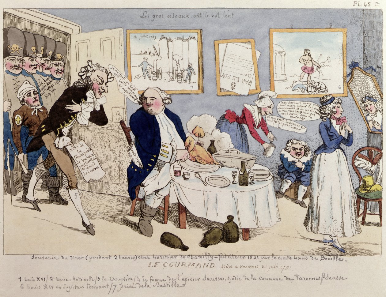 Le Gourmand, caricature de Louis XVI (1754-93) et de la famille royale française au moment de leur arrestation à Varennes le 21 juin 1791 - French School