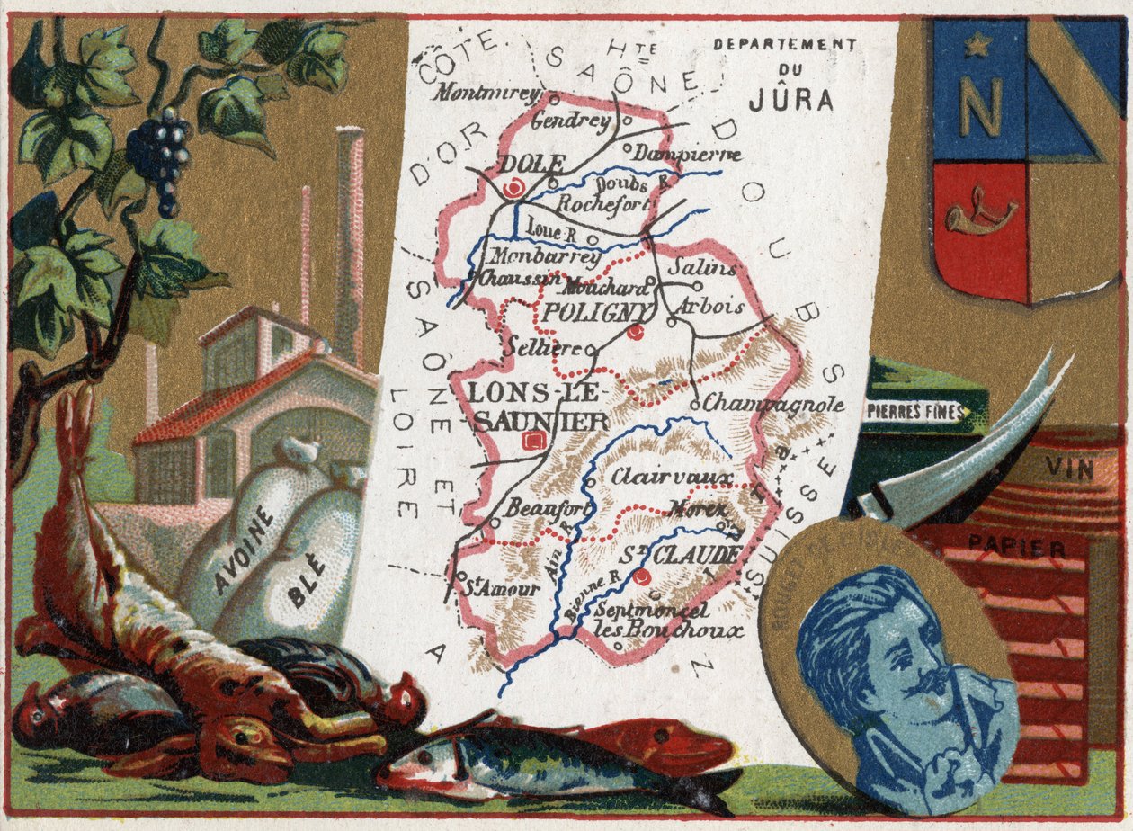 Le Jura (39), Franche-Comté, France. Spécialités locales : chasse, avoine, blé, pierres fines, vin et papier. Portrait de Rouget de L