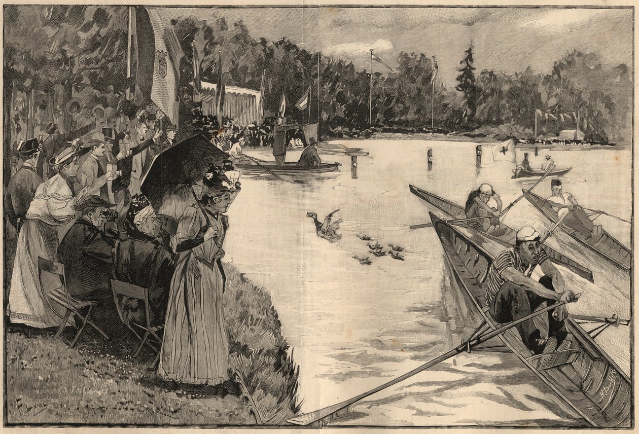 Le Lendit de Paris : régates scolaires au grand lac du bois de Boulogne - Gravure de 1894 d