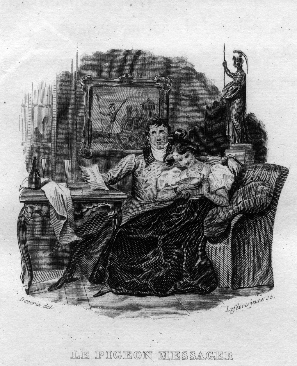 Le pigeon messager Chanson de Béranger dans « Oeuvres complètes » (1834) par Pierre Jean de Béranger (1780-1857), poète et chansonnier français. - French School