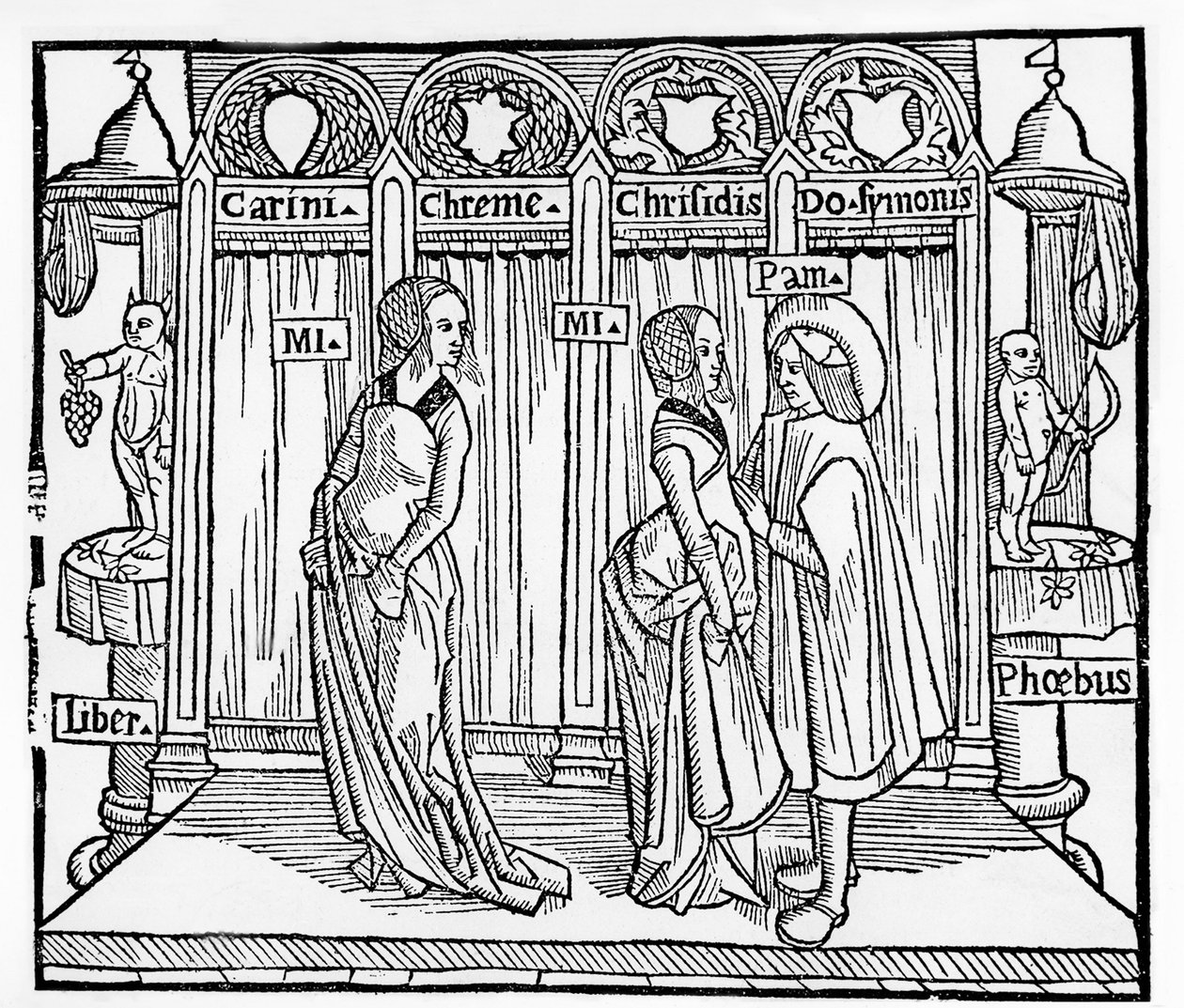 Le théâtre au Moyen Âge: trois personnages sur scène - gravure par Térence de Jean Trechsel, éd. à Lyon - French School