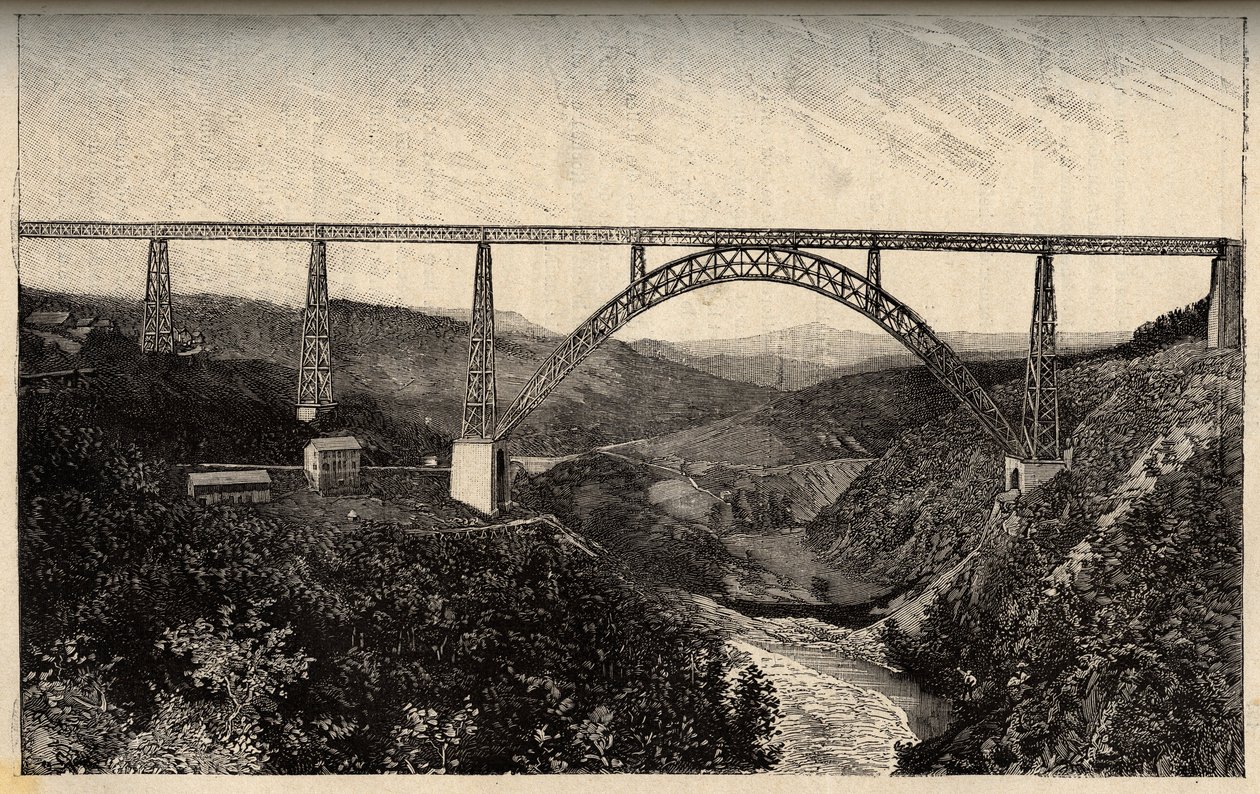 Le viaduc de Garabit - Cantal - Auvergne-Rhône-Alpes - gravure dans "PATRIE - DESCRIPTION PICTURESQUE DE LA FRANCE EN 6 VOLUMES" par Lucien Huard - fin du XIXe siècle - French School