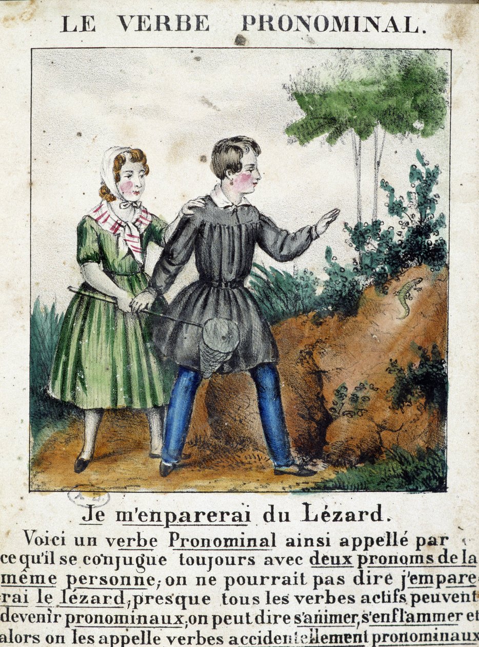 Leçon sur les verbes pronominaux. Dans « La grammaire en images », album feuillet, vers 1850 - French School