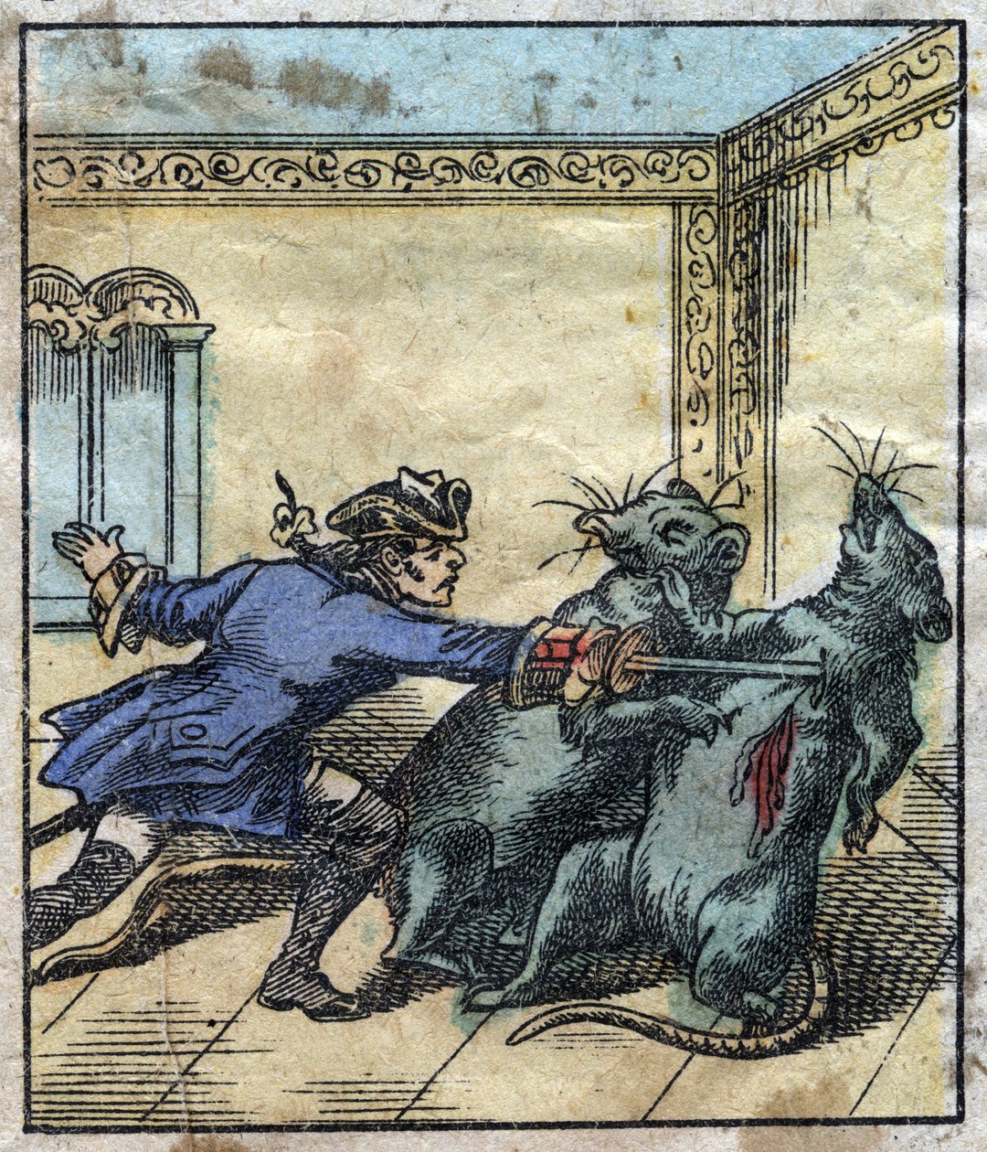 Lemuel Gulliver combat des rats au pays des géants de Brobdingnag. Illustration pour "Les Voyages de Gulliver" de Jonathan Swift (1667-1745). Imagerie d