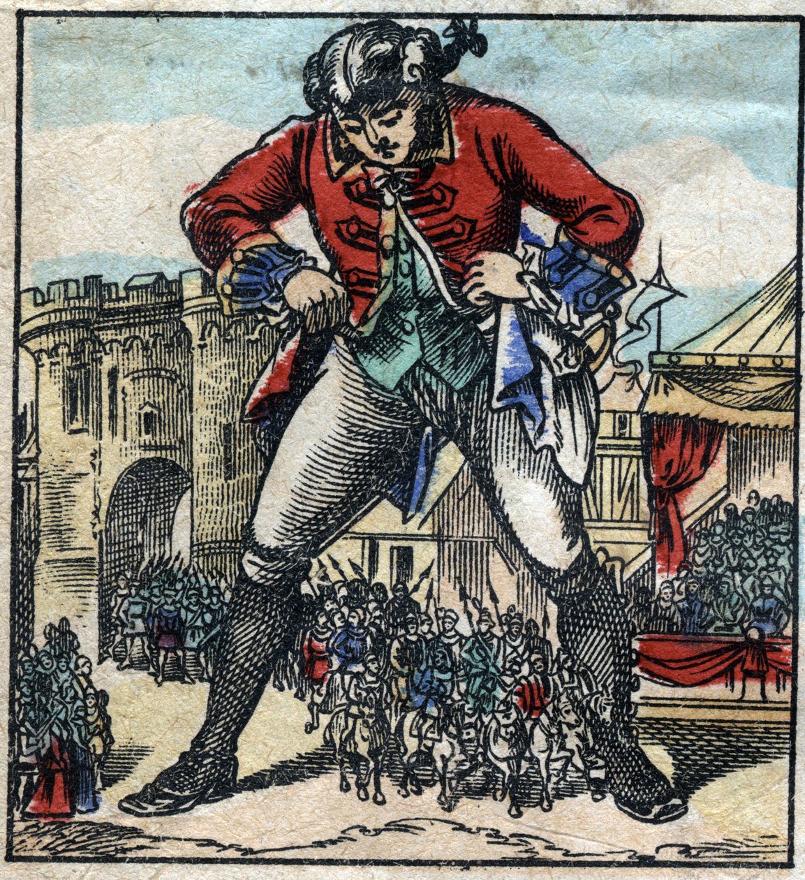 Lemuel Gulliver au pays des Lilliputiens. Illustration pour « Les Voyages de Gulliver » de Jonathan Swift (1667-1745). Imagerie d