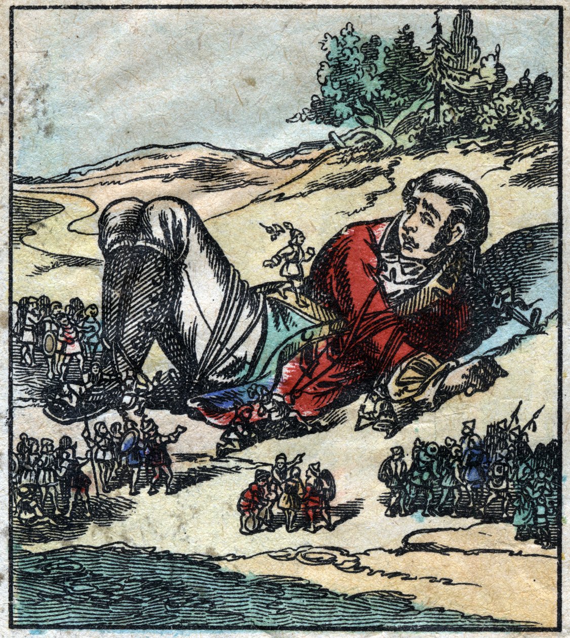 Lemuel Gulliver se réveille après son naufrage et est fait prisonnier par les Lilliputiens. Illustration pour « Les Voyages de Gulliver » de Jonathan Swift (1667-1745). Imagerie d