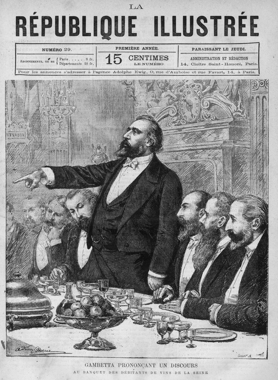 Léon Gambetta (1838-1882) prononçant un discours au banquet des débitants de vin de la Seine. Gravure de 1880 dans « La république illustrée » collection privée. - French School
