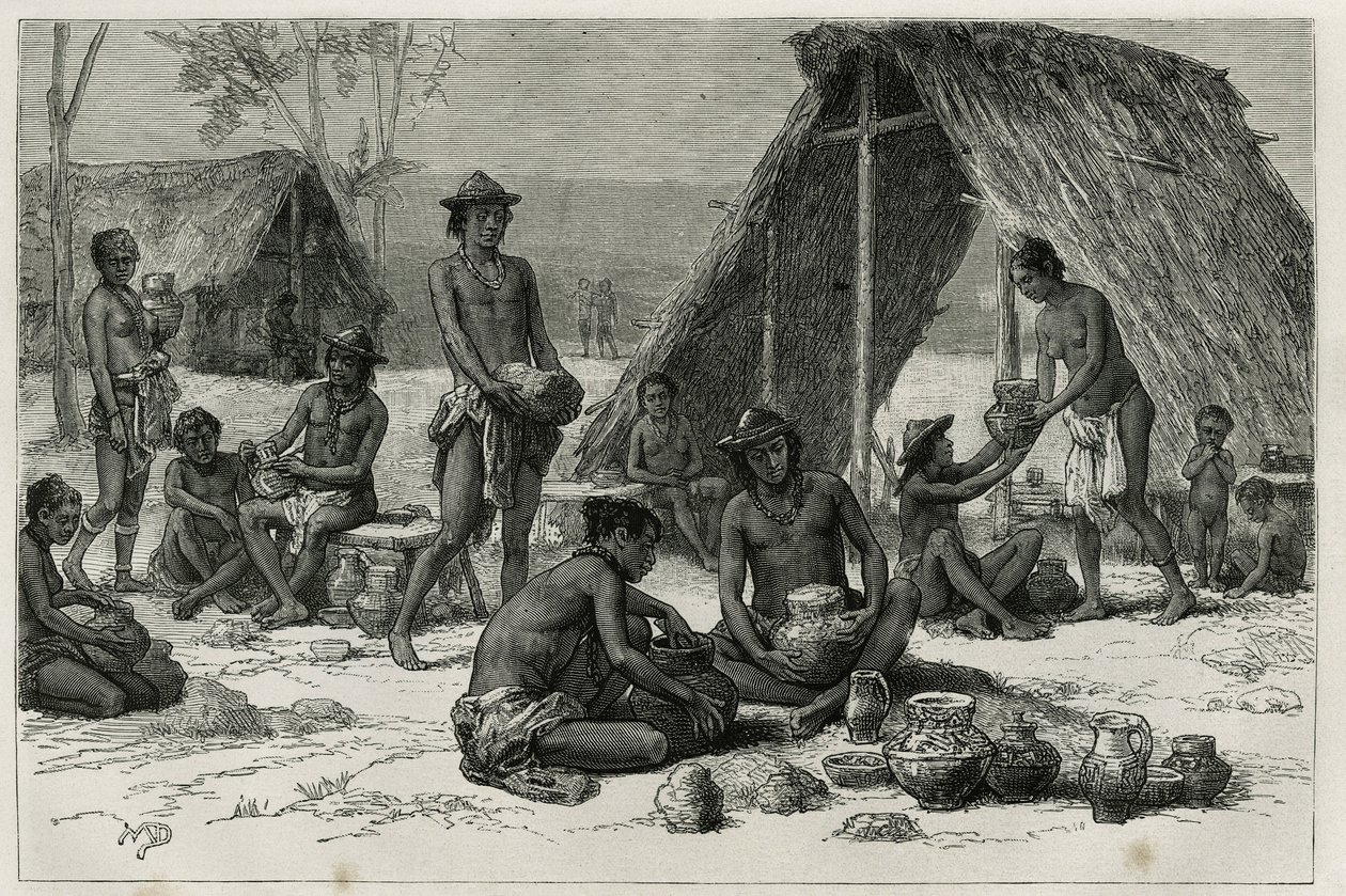Les Indiens Galibis fabriquant de la poterie, gravure de D. Maillart, pour illustrer le voyage d