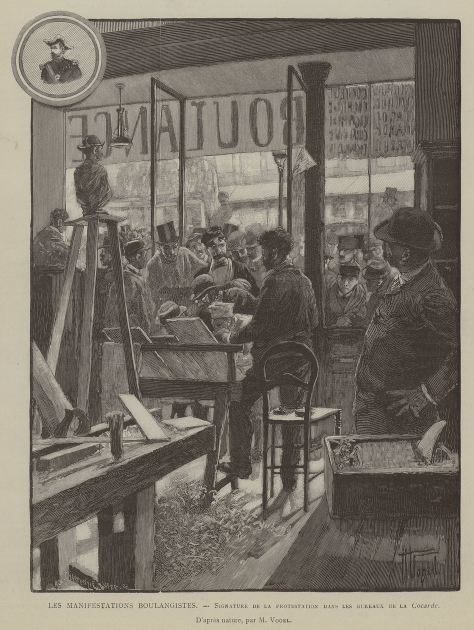 Les Manifestations Boulangistes, Signature de la protestation dans les bureaux de la Cocarde (engraving) - French School