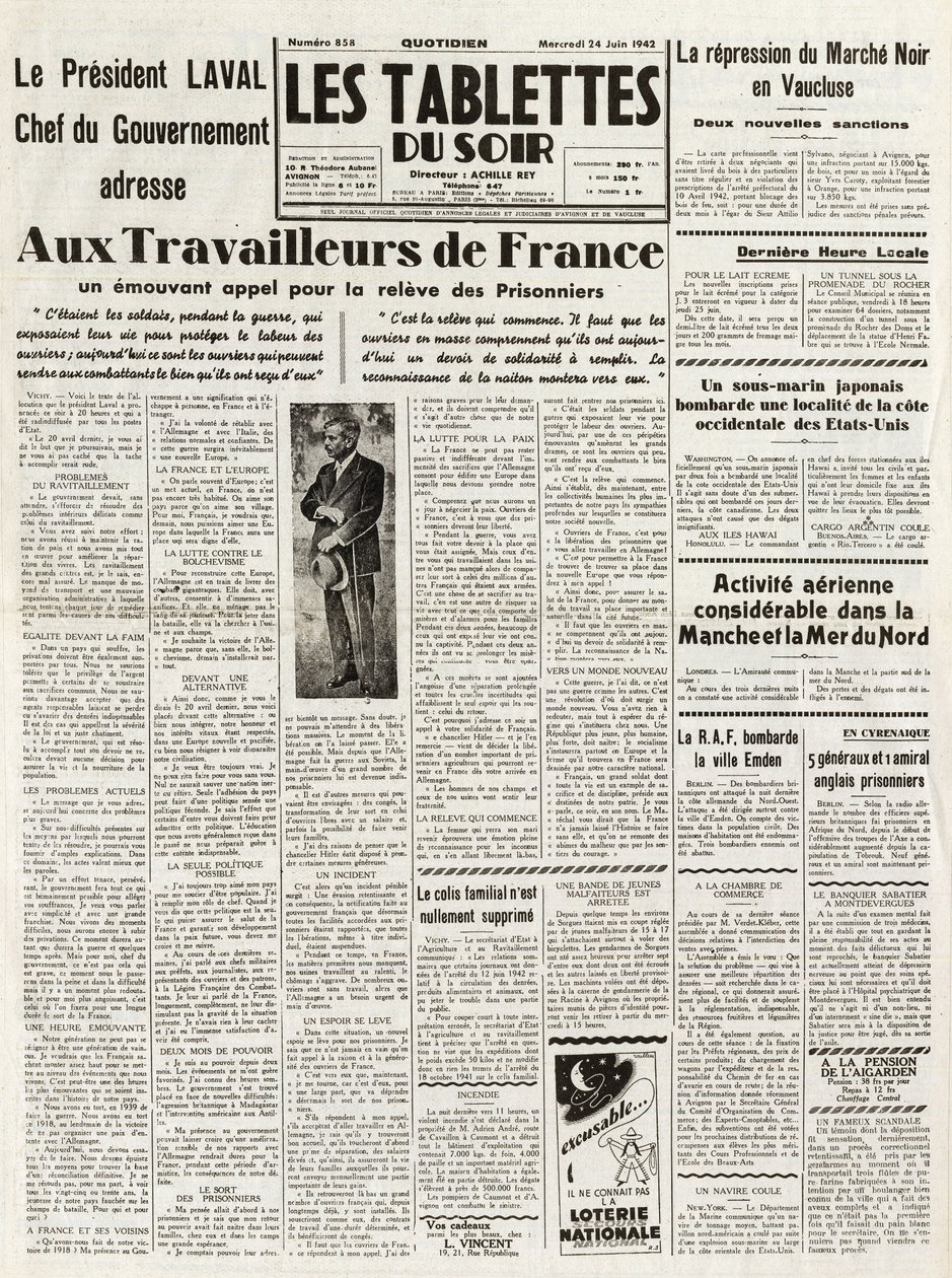 Les Tablettes du soir du 24/06/1942 - LAVAL CHEF DU GOUVERNEMENT S