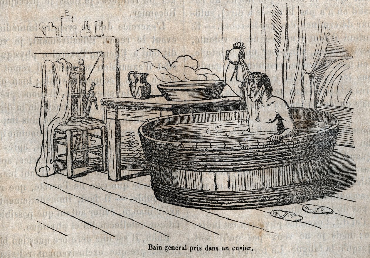 Les gestes du bain - Hygiène au 19ème siècle - bain dans un bol - gravure dans « La Santé Universelle - Guide Médical des Familles » 1852 - French School