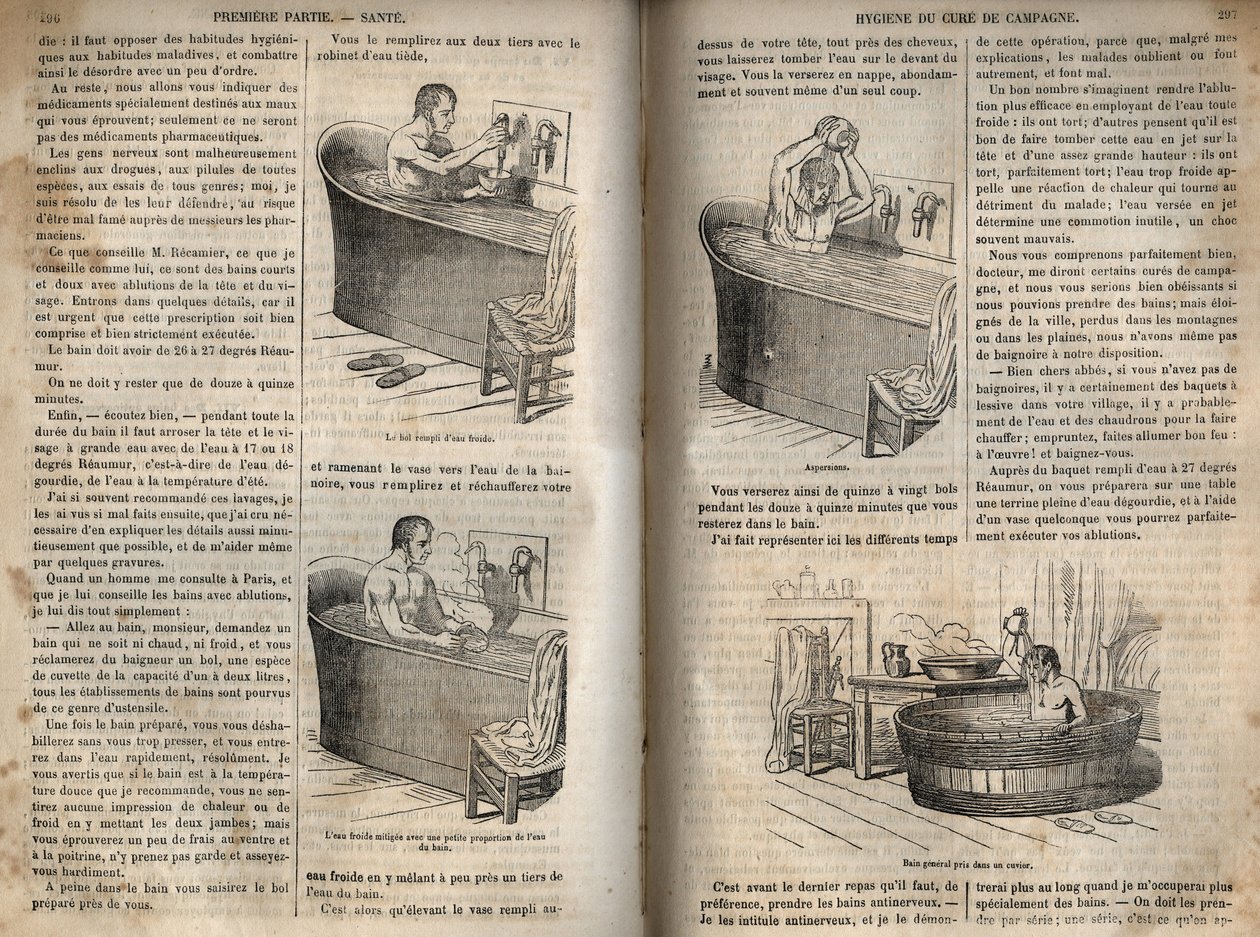 Les gestes du bain - Hygiène au 19e siècle - homme dans une baignoire - gravure dans « La Santé Universelle - Guide Médical des Familles » 1852 - French School