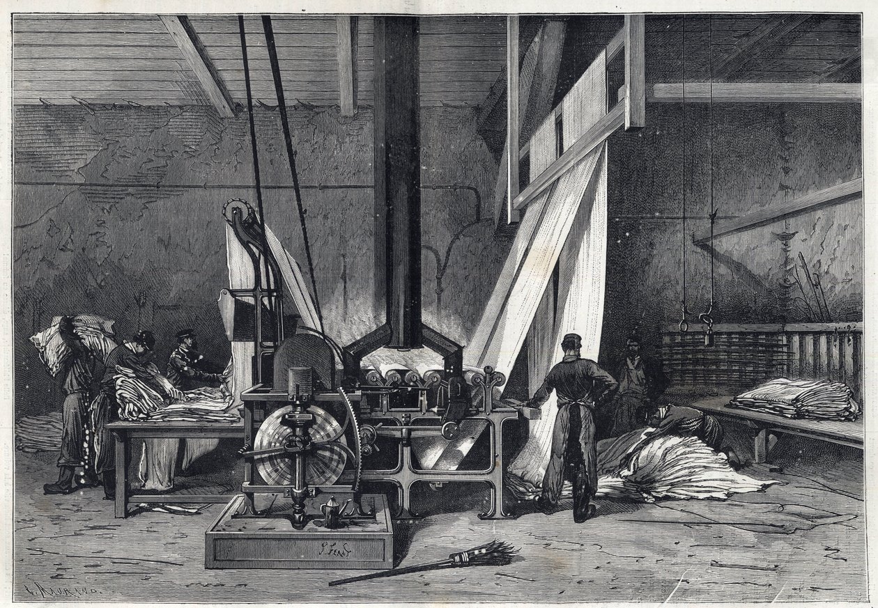 Les grandes usines - Teinture érie Boutarel à Clichy la Garenne - Le maillage des étoffes - gravure de 1869 - French School
