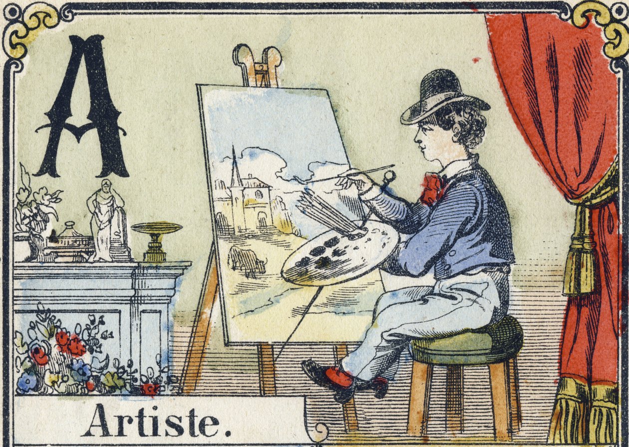 Lettre A: artiste. Alphabet récréatif. Imagerie d